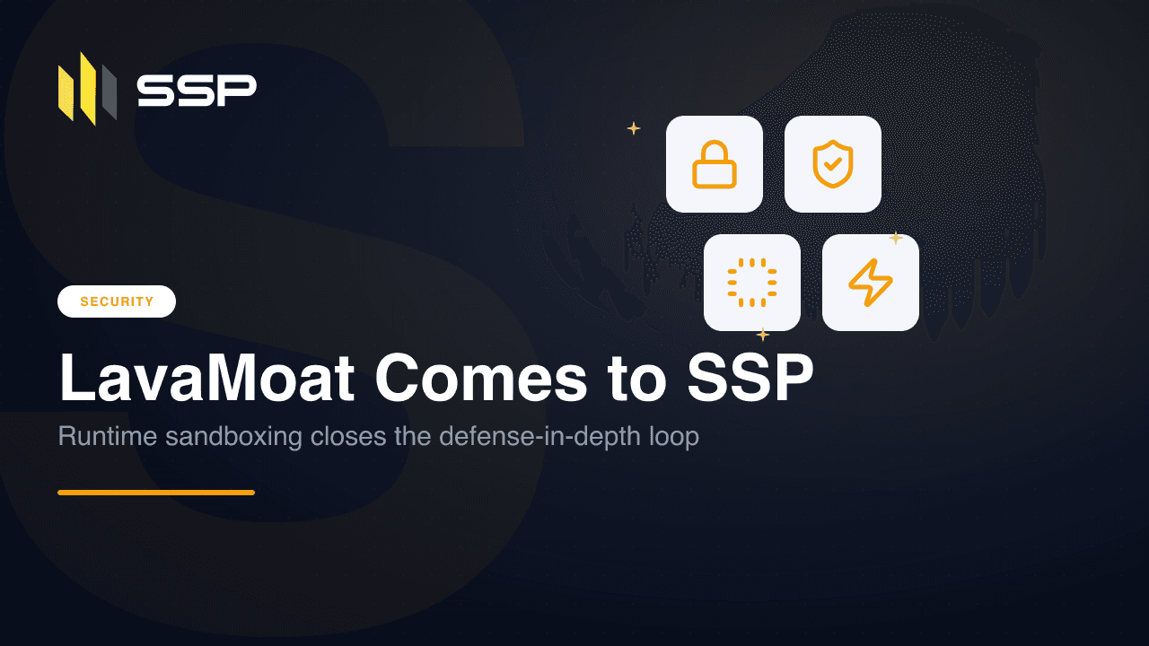 Security badge with padlock, shield with check, chip, and lightning-bolt icons over the headline 'LavaMoat Comes to SSP'.