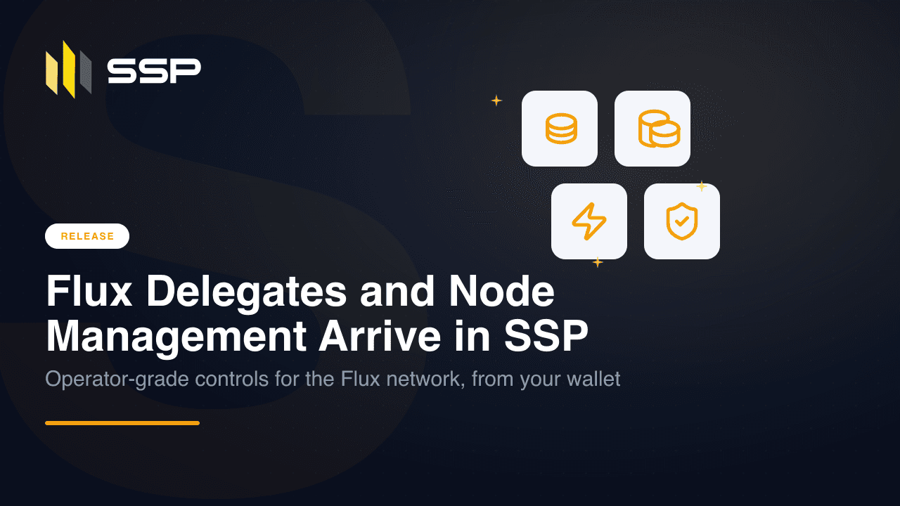 Cover with stacked database, coins, lightning bolt and shield-with-check icons over the headline 'Flux Delegates and Node Management Arrive in SSP'.