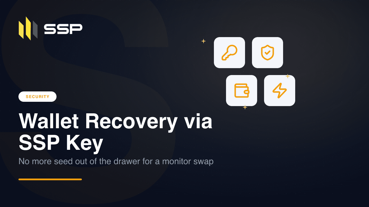 Security cover with key, shield-with-check, wallet and lightning-bolt icons over the headline 'Wallet Recovery via SSP Key'.