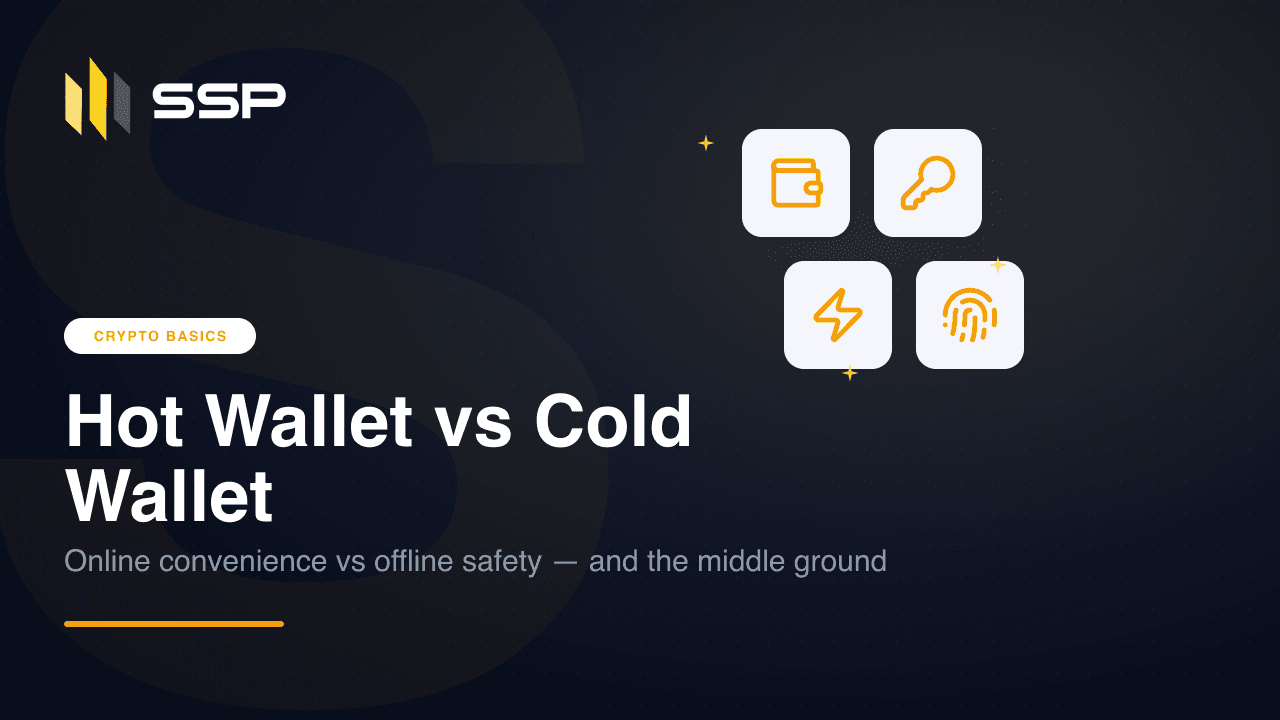SSP Academy cover comparing a network-connected hot wallet with an offline cold wallet