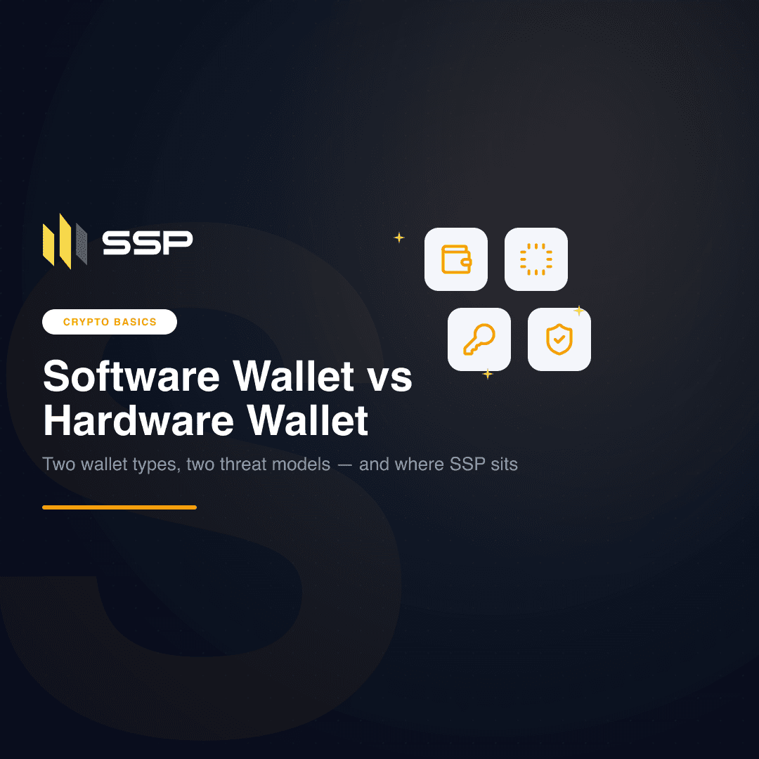 SSP Academy cover comparing a software wallet on a phone with a dedicated hardware wallet device