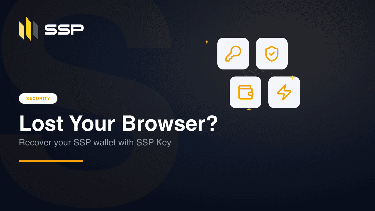 SSP Academy cover for recovering a wallet after a lost browser, with key, shield, wallet, and lightning icons