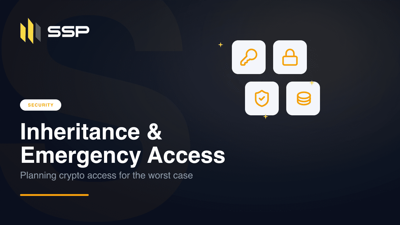Key, lock, shield, and database icons illustrating crypto inheritance and emergency access planning