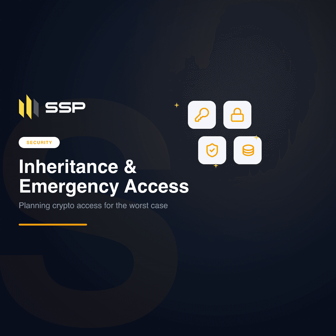 Key, lock, shield, and database icons illustrating crypto inheritance and emergency access planning