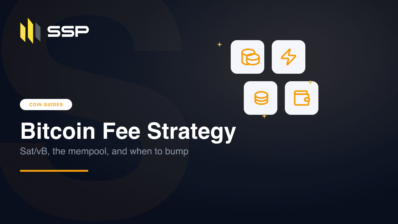 SSP coin guide cover for Bitcoin fee strategy with coins, lightning, and database icons