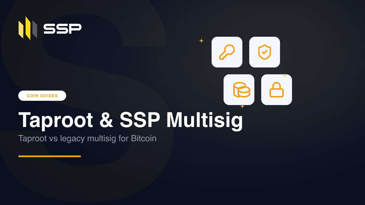 Cover graphic for Taproot and SSP Bitcoin multisig with key, shield, coins and lock icons
