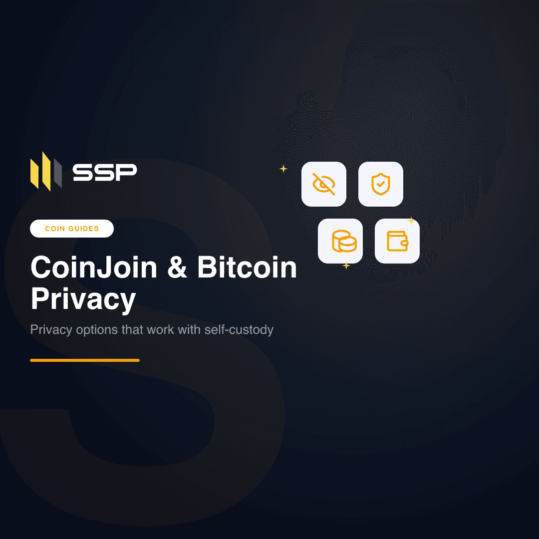 Privacy-themed cover with hidden-eye, shield, coins and wallet icons for a Bitcoin CoinJoin guide