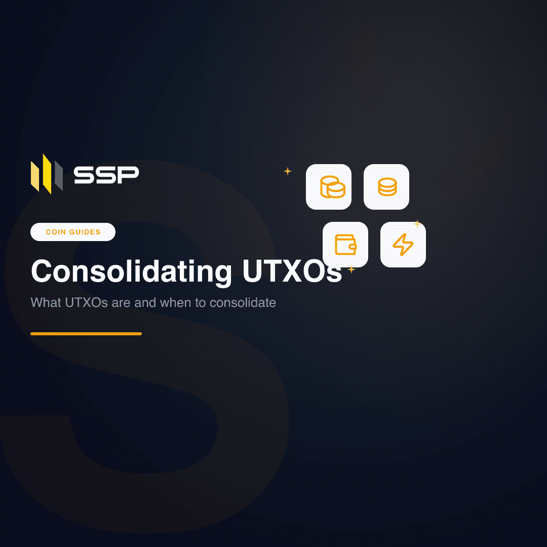 Diagram of many small Bitcoin UTXO coins consolidating into one larger UTXO