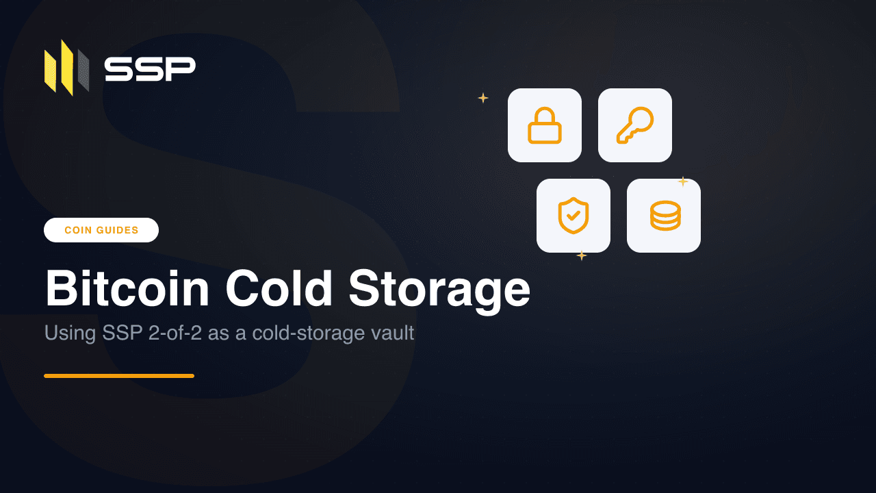 Bitcoin cold storage vault concept with lock, key, shield and database icons in SSP brand style