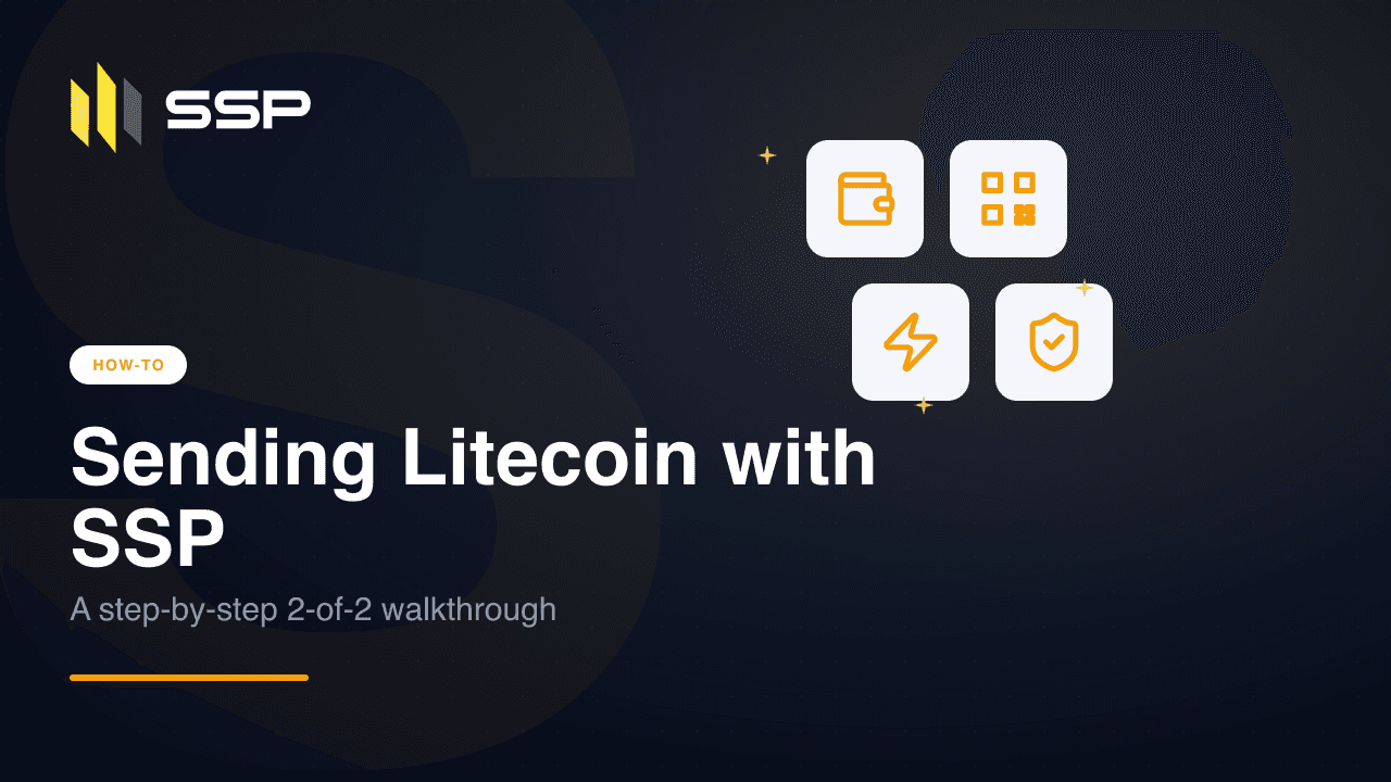 SSP how-to cover for sending Litecoin, with wallet, QR code, lightning, and shield icons