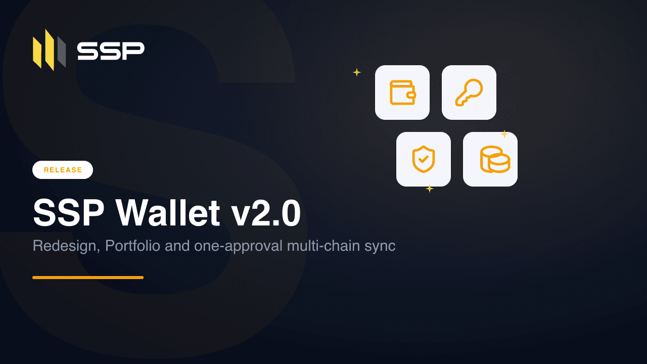 SSP Wallet v2.0 release cover showing the SSP logo with wallet, key, shield and coins icons