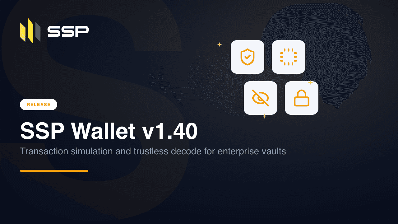 SSP Wallet v1.40 release cover showing shield, chip, hidden-eye and lock icons