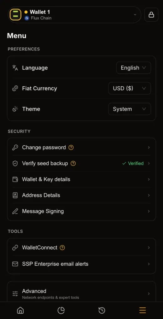 The Menu screen in dark mode