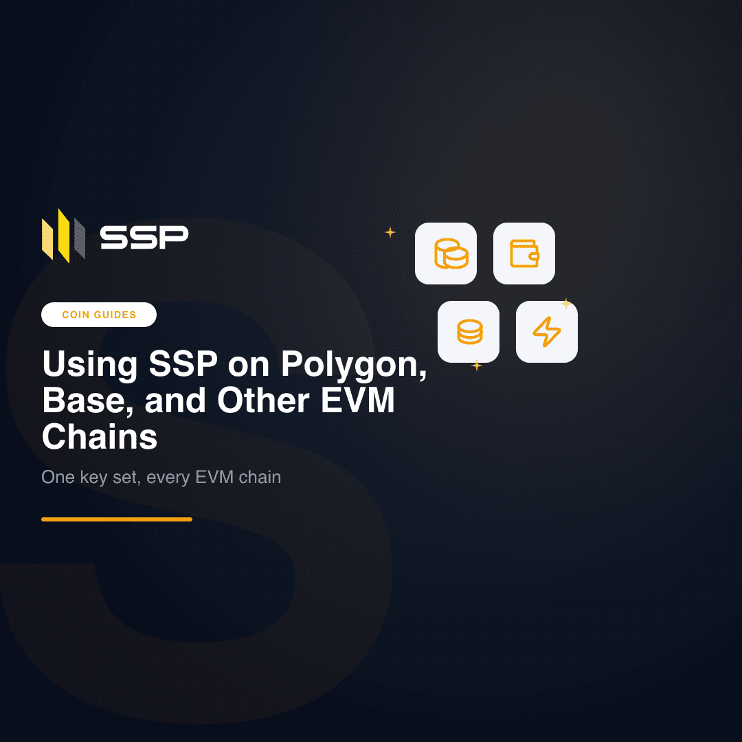 Square SSP cover with amber chain icons and the title Using SSP on Polygon, Base, and Other EVM Chains over a dark blue backdrop