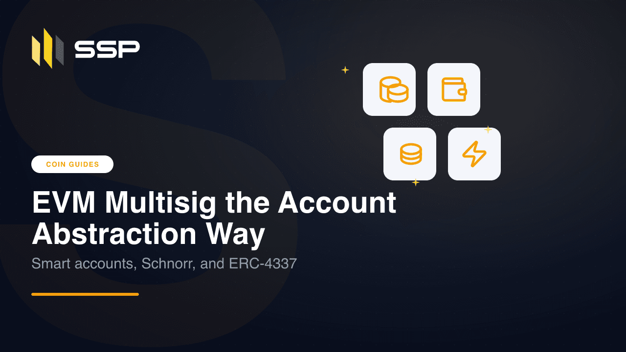 Diagram of EVM multisig via account abstraction: two SSP keys producing partial signatures that aggregate into one Schnorr signature an ERC-4337 smart account verifies on Ethereum.