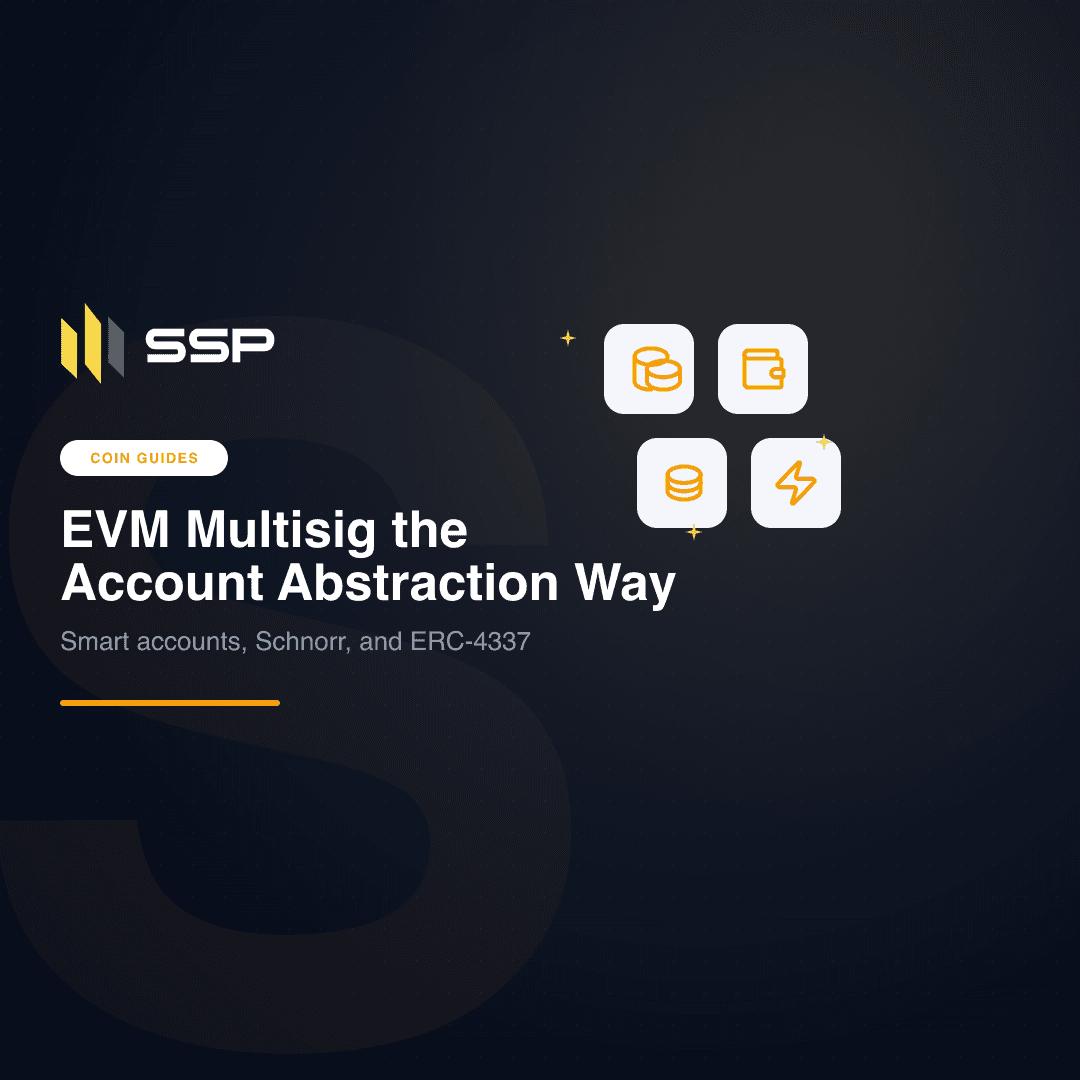 Square cover showing SSP's 2-of-2 on EVM: an extension key and an SSP Key combining into a single aggregated signature for an ERC-4337 smart account.