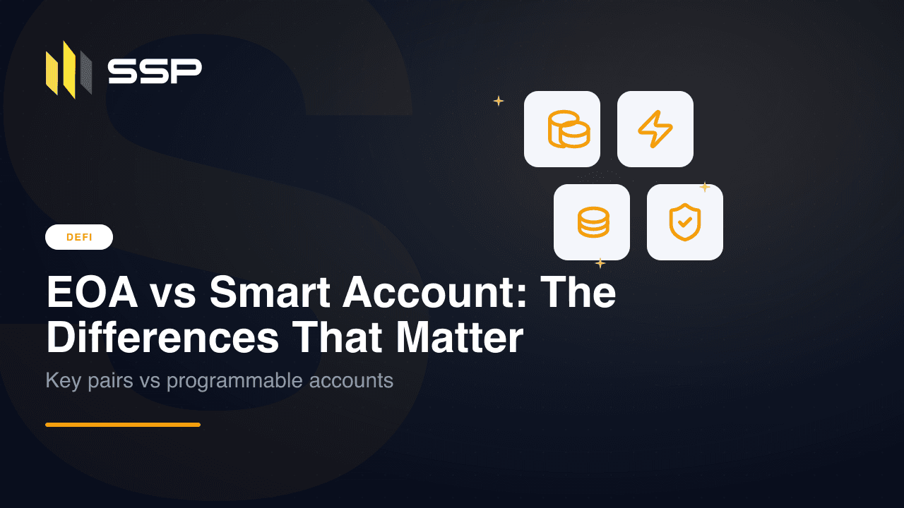 Dark cover with the SSP logo, a DEFI badge, and the title EOA vs Smart Account, beside amber icons for keys and a shield