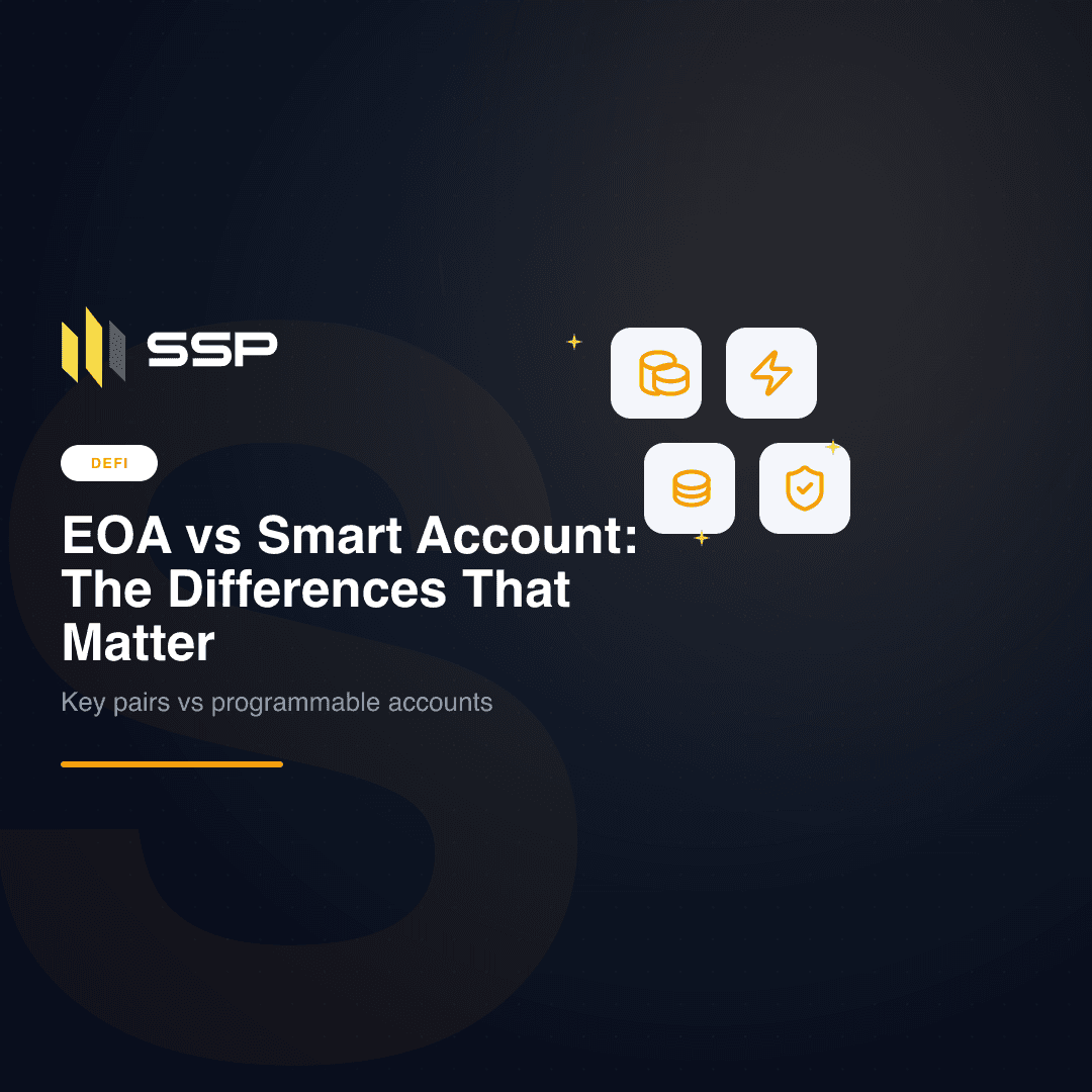 Square DEFI cover reading EOA vs Smart Account: The Differences That Matter, with the SSP logo and amber key and shield icons