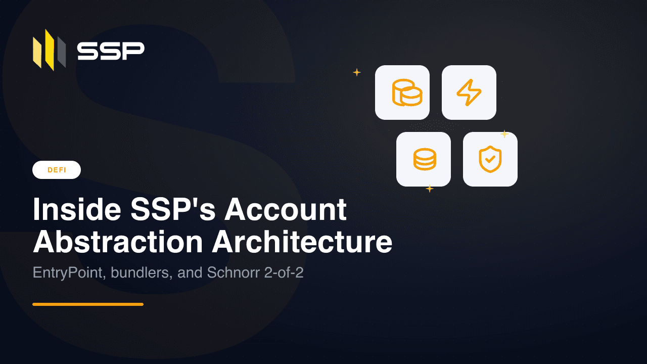 Diagram of SSP's account abstraction: browser extension key 1 and mobile app key 2 combine into one Schnorr signature sent via a bundler to the EntryPoint