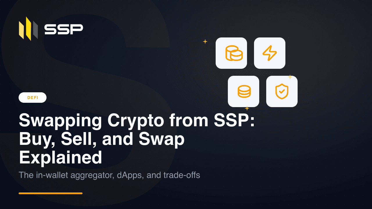 Illustration of three swap routes — buy, sell, and crypto-to-crypto — flowing through an SSP 2-of-2 multisig wallet