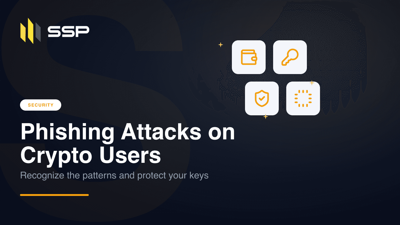 SSP security cover with wallet, key, shield, and chip icons, illustrating a guide to crypto phishing attacks.
