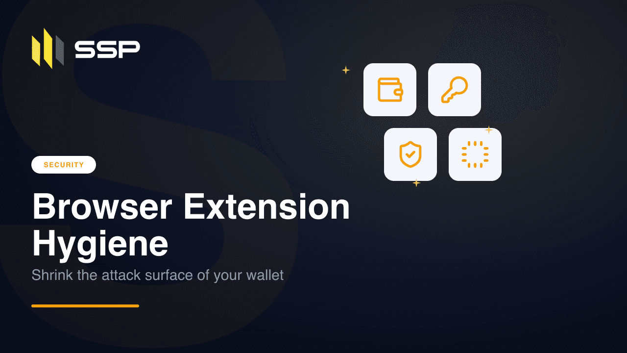 SSP security cover with wallet, key, shield, and chip icons for browser-extension hygiene