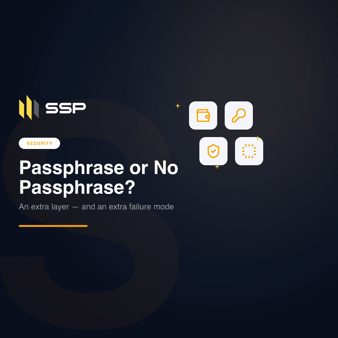 Square cover for a guide on BIP-39 passphrases, with wallet, key, shield, and chip icons over an SSP security badge.