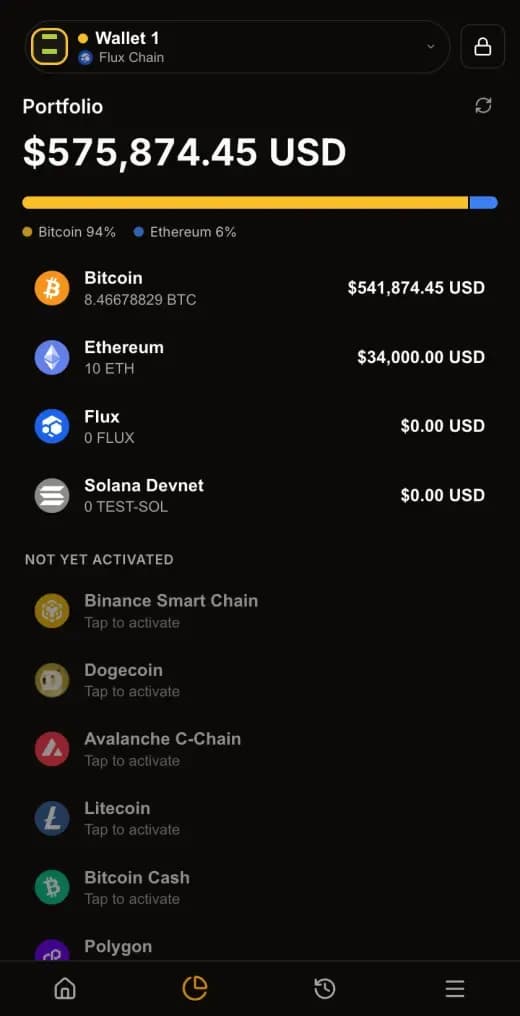The portfolio view in SSP Wallet, dark mode