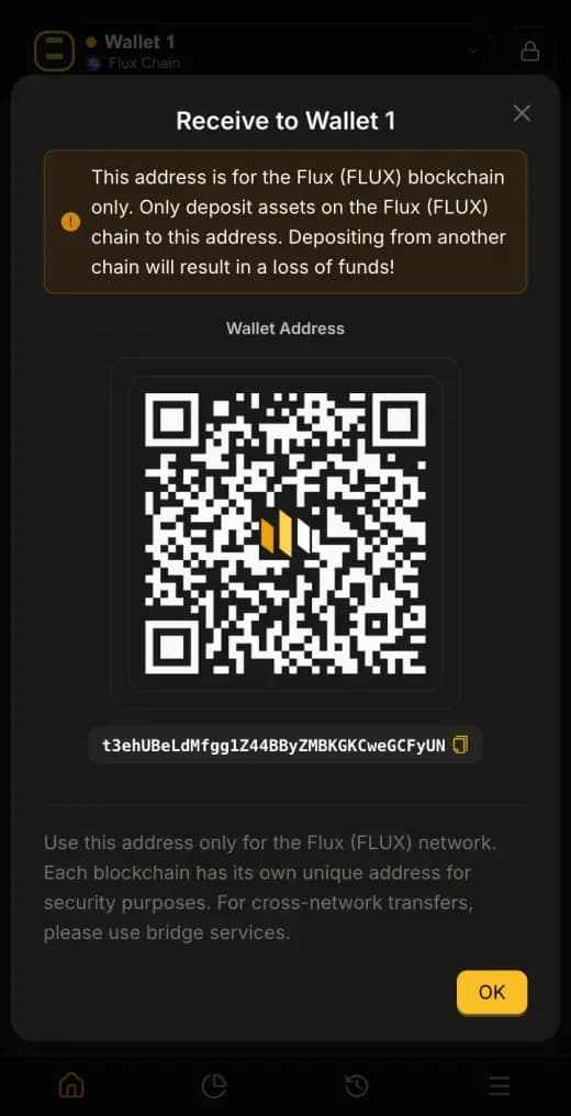 The chain switcher in SSP Wallet, dark mode