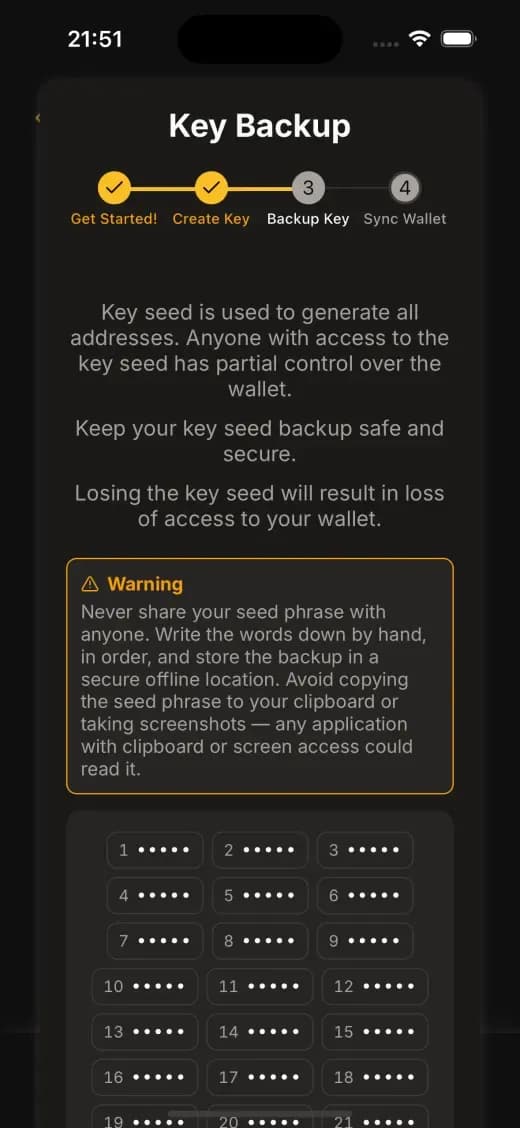 The key backup step in SSP Key, dark mode
