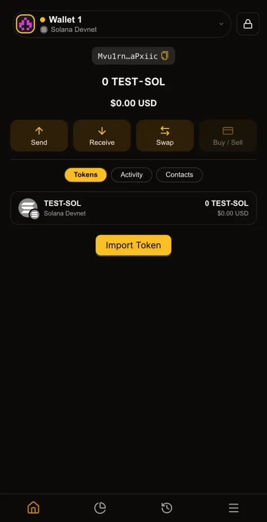 The Solana chain view in SSP Wallet, dark mode