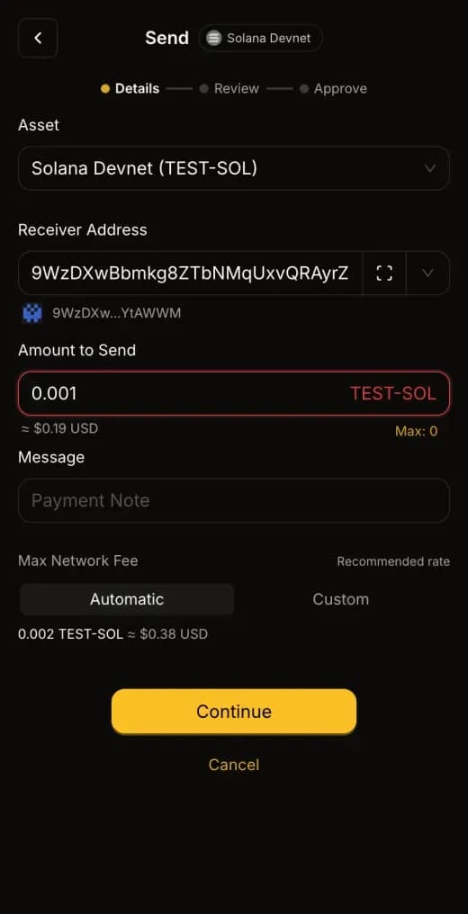 Composing a Solana send in SSP Wallet, dark mode